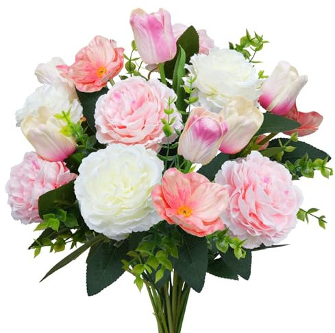 HUAESIN Peony Artificial Flowers, Pink & White Faux Peony Bouquet, Mixed Peonies Tulips Poppies Eucalyptus Bouquet, Fake Silk Peonies Flowers for Spring, Summer, Wedding, Home, Table, Grave Decor