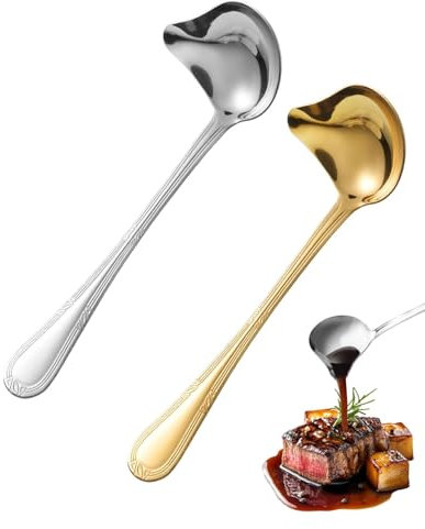 TPZORJX 2 Pezzi Mestolo Per Salsa con Beccuccio,Cucchiaio per Sugo in Acciaio Inox Elegante 20 CM,Cucchiaino Piccolo per Condire,Zuppe,Sughi(Oro,Argento)