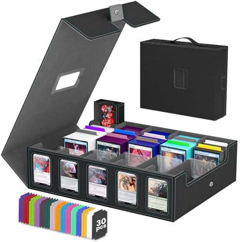 Trading Card Storage Box Gomyrod, 5-Row Card Case with Commander Display & Portable Handle, 4200+ MTG Deck Box Compatible for MTG/TCG/Magic Cards, 30 Colorful Divider, 8 Card Supporters (Black & Grey)
