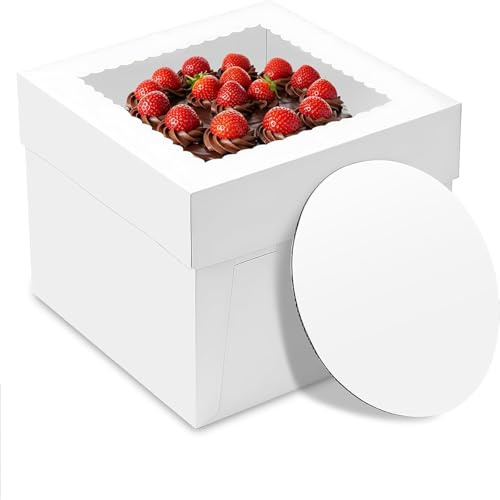 5 st tårtkartong tårttransportlåda hög 30 x 30 x 20 cm, tårtlåda, tårttransportlåda, vit tårtskål med fönster och 10 runda tårtbrickor, 1 rulle satinband för tårtor, tårtkartong för tårtor