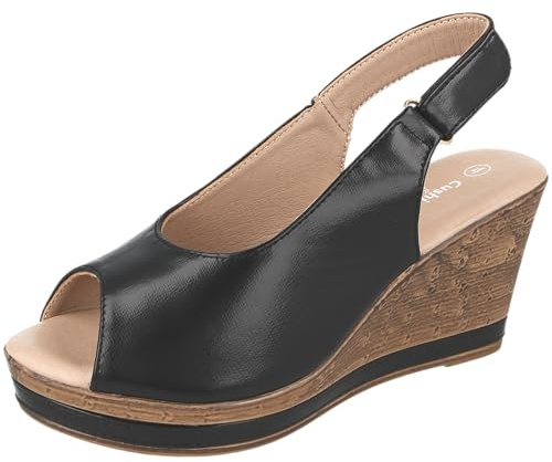 Cushion Walk Women's Metallic Slingback Wedge Sandals with Buckle Fastening (Black, UK Footwear Size System, Adult, Women, Numeric, Medium, 5)