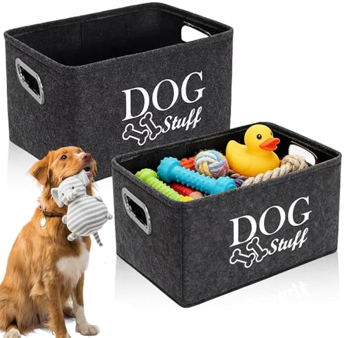 LCFVOFU 38*27*25cm Dog Toy Box, Felt Collapsible Dog Items Storage Basket, Large Toy Basket for Dogs Clothes, Leashs, Bowls, Bath Towel, Hair Combing Tool