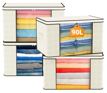 KALAHOL 90L Large Capacity Clothes Storage Bags with Zips, Storage Boxes with Lids, Foldable, Reinforced Handle, Thick Fabric, for Comforters, Clothes, Blankets, Bedding, 4 Pack, Beige