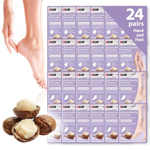 Innerest 24 PK Hand + Foot Mask Set (12 Hand + 12 Foot) Shea Butter Derma Beauty Moisturizing Gloves & Socks for Dry Cracked Hands and Feet, Pedicure Essential Self Care Gifts for Women
