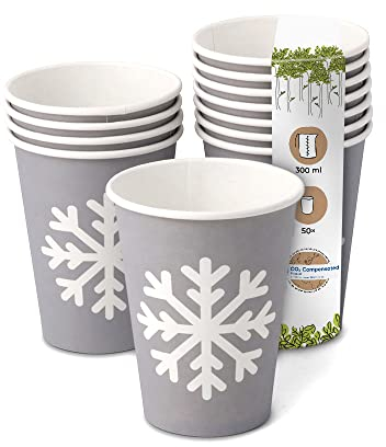 BIOZOYG Tazas de Cafe desechables de carton 300 ml / 12 oz gris Motivo del Invierno I 50 Vasos de Cafe para llevar desechables I Vajilla ecologica
