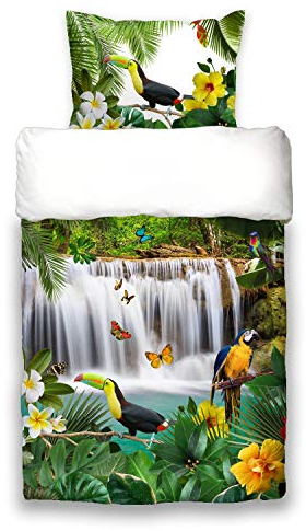 Schwanberg Bettwäsche Jungle Bunt Weiß Dschungel Wasserfall Oase Tropen Renforcé, Größe:135 cm x 200 cm