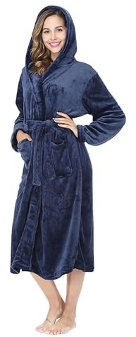RONGTAI Womens Robes Plush Fleece Navy Hooded Bathrobe Thick Nightgown with Pockets Fluffy Sleepwear XX-Large