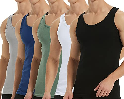 Falechay Canottiera Uomo Pacco da 5 100% Cotone Elasticizzato Fitness Canottiera Sportiva Nero Bianco Grigio Blu Verde XL