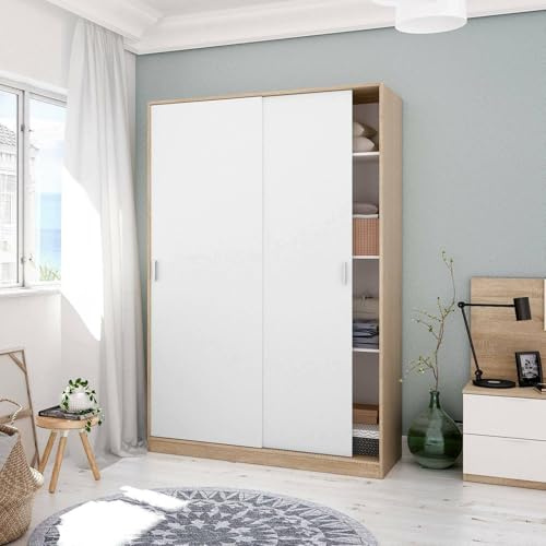 Dmora - Guardaroba 2 ante Waterbury, Armadio per camera da letto, Mobile con 4 ripiani e barra appendiabiti, 120x50h200 cm, Rovere e Bianco