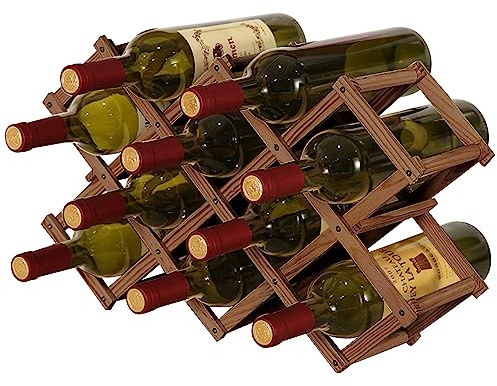 QUCUMER Wooden Wine Rack, Foldable Wine Storage Organizer 10 Slot Foldable Wine Rack Table Standing Bottle Racks Foldable Wine Shelves for Home Kitchen Bar Cabinets