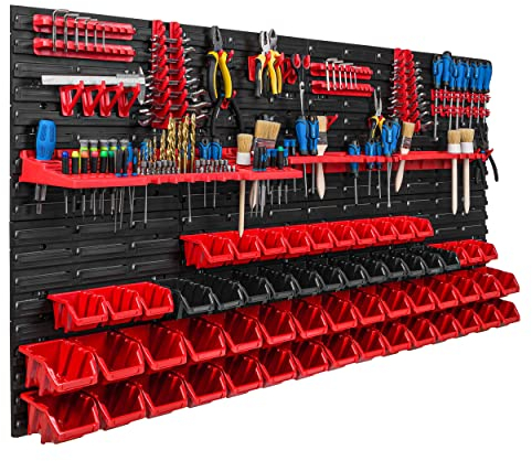 Lagersystem Werkstattregal | 156 x 78 cm | 58 stck. Box | Wandregal mit Werkzeughalterungen und Stapelboxen - Wandplatten Extra Starke Schüttenregal Warkzeuglochwand Lagerregal Garage Regal