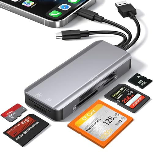 5-in-1 Multi Memory Card Reader,Aluminum SD/TF/CF/MS/M2/Cfast/Memory Stick Pro Duo/Micro SD Card Reader Adapter for i-Phone/i-Pad USB C and USB A Devices,No Application Required Plug and Play