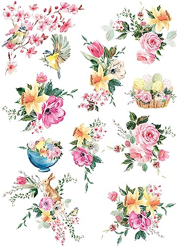 Carta di riso con bouquet pasquale, 29,21 x 40,64 cm, 10 immagini uniche stampate su carta di gelso da 36 g/m², fibre visibili, per decoupage e lavori di ristrutturazione di mobili.