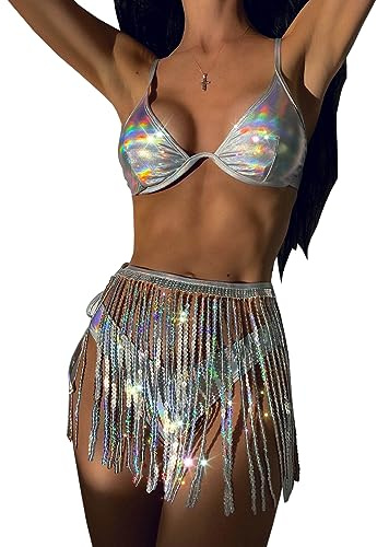 SNOMYRS Jupe à Paillettes à Franges holographique Disco Cowgirl Tenue Scintillante Robe Crop Top Bikini Tenue Festival