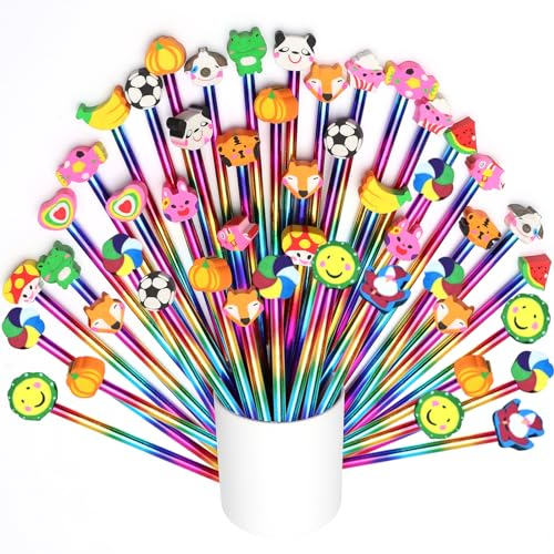 lttorjf Matite Gadget Compleanno Bambini con Gomma, Matite del fumetto con Divertente Animale Topper per Regalino, Festa Battesimo, Comunione Regalo, Scolastici (stile casuale) (30)