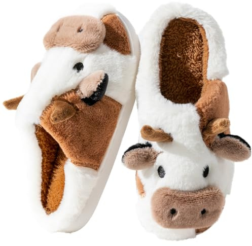 Fadezar Zapatillas de Casa Muje Hombre Pantuflas Tiburon/Vaca Cálido Espuma de Memoria Peluche Zapatillas de invierno Muje Cafe Blanco EU 43-44 (Talla de suela 44-45)