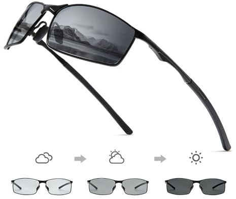 OuShiun Herren Sportbrille Polarisierte Sonnenbrille für Outdoor Metallrahmen UV Schutz Fahren Angeln Radfahren Laufen Fahrer Brille(Schwarz Gestell Photochrom Linse)