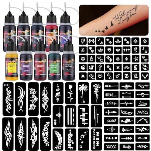 Temporary Tattoo Kit,Realistic Fake Tattoo for Kids and Adults,10 bottles of 0.5 oz long lasting temporary tattoo ink and 84 Tattoo Stencils ZYH2312333KIT