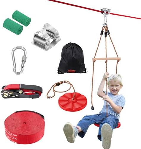 VEVOR Zipline-Kit für Kinder und Erwachsene, 19,8 m Seilzug-Kits bis zu 150 kg, Hinterhof-Outdoor-Schnell-Setup-Zippline, Spielplatz-Unterhaltung mit Zipline, Nylon-Sicherheitsgeschirr, Sitz und