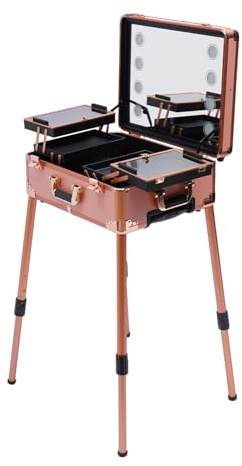 Valise cosmétique professionnelle à 4 roues avec éclairage et miroir - Avec pieds réglables - Avec roulettes - Or rose