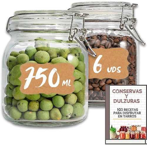 6 Tarros de Cristal Herméticos 750 ml – Tarros herméticos de Almacenamiento para Alimentos, Conservación Fresca y Organizada - Incluye Etiquetas + Ebook de 102 Recetas (0,75 litros)
