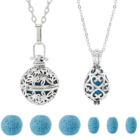 SUPERFINDINGS 2 Styles Colliers D'Huiles Essentielles Colliers Pendentifs de Parfum avec 12 pièces Pierres de Lave Diffuseur Médaillon Collier Bijoux D'Huiles Essentielles Cadeau Aromathérapie