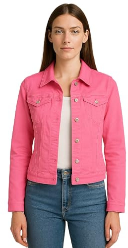 kraftd Women's Denim Jackets Casual Summer Long Sleeve Jacket | Ladies Denim Jackets Button Up Slim Fit | Stretch Denim Jacket | Jacket Women UK with Collared Neckline and Pockets (Pink Cosmos, 16)