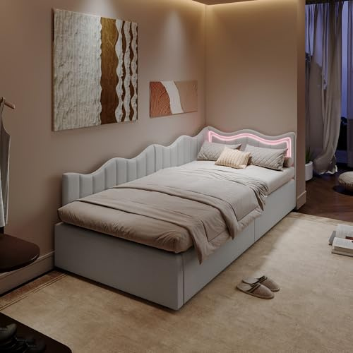 LIVLUX Canapé-lit avec sommier orthopédique 90x200, lit simple avec éclairage LED et rangement hydraulique, sommier avec cadre en lattes, lit de jour, lit pour adolescent, sans matelas (Blanc