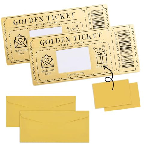 2Pcs DIY Golden Ticket Scratch Card Set with Pearlised Envelopes, Iou Vouchers, Golden Ticket Scratch Off, Personalised Scratch Off Surprise Cards for Birthday Christmas Valentine’s Day Gifts