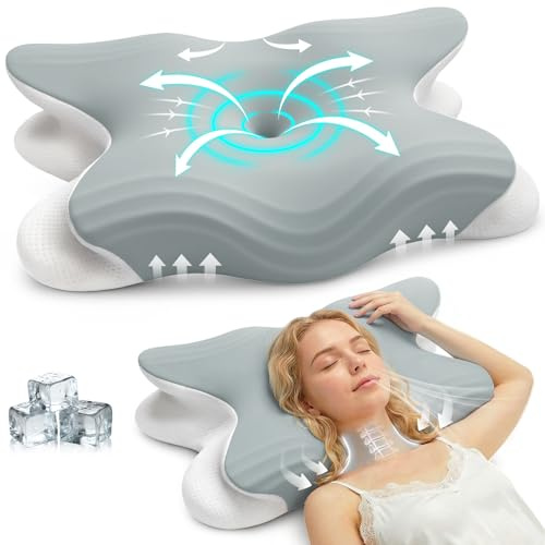 Honfay Almohada Cervical Ergonómica de Espuma Viscoelástica, Almohada Ortopédica para Dolor de Cuello y Hombros, Altura Ajustable 11/13cm, para Dormir de Lado, Espalda y Boca Abajo, Gris, Talla L