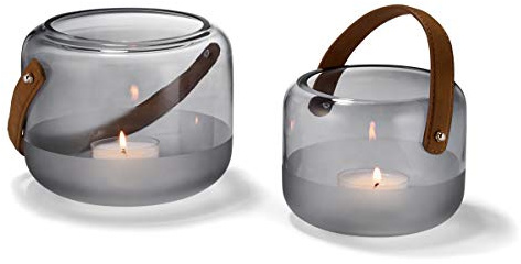 Philippi - Marlon Windlicht - mundgeblasenes Glas - Handarbeit - Riemen aus echtem Leder - ideal für die Terasse, Garten oder Balkon
