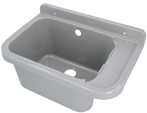 HYDROLAND Ausgussbecken Waschbecken mit Ablage & Überlauf 50 x 34 x 21 Grau | Komplett mit Siphon Kunststoff Ablaufgarnitur Spüle Waschtisch Spülbecken Wandmontage Handwaschbecken Gartenwaschbecken