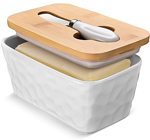 Butter Dish with Lid: Large Butter Dish for Countertop - Ceramic Butter Container with Knife Double Silicone Seal - Unique Stone Butter Dishes with Covers for Farmhouse Kitchen Decor Home Decor White