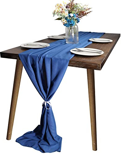 KAMEUN Chiffon Tischläufer, 300x70CM Tischläufer Dunkelblau Chiffon Dekorieren, Tischdeko Romantischer Hochzeitsläufer, Tüll Dekostoff für Hochzeit, Brautparty, Babyparty, Geburtstag,Partydekorationen