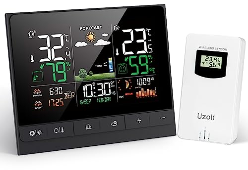 Uzoli Estación meteorológica inalámbrica con sensor exterior Termómetro Higrómetro interior y exterior Reloj digital Previsión del tiempo Presión del aire Salida y puesta del sol Fase lunar -EM3403