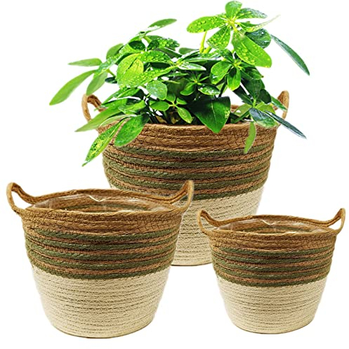 KMERCE 3pcs Cesta para Plantas, Macetero Mimbre, Macetas Decorativas Interior y Exterior, Cesto de jardín Seagrass con Asas, Cesta de Almacenamiento, Diámetro18cm,20cm,25cm