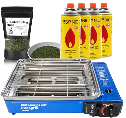 Gasgrill Evergrill mit 4 Gaskartuschen, Transportkoffer & Kräuterbutter Gewürzzubereitung I Campinggrill Tischgrill BBQ tragbarer Party Grill mit Piezozündung