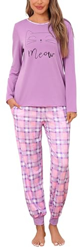 Leversic Womens Pyjamas Long Sleeve Plaid Pjs Set Cotton Winter Loungewear | 2 Pieces Pyjamas Round Neck Long Sleeve Pajama Top and Full Length Checked Sleep Pants Nightwear