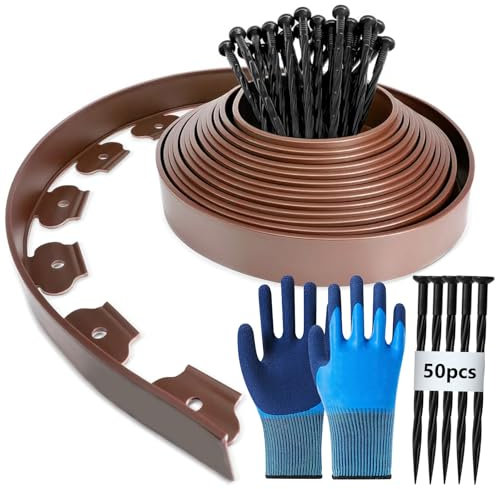 Bordo flessibile in plastica, 10 m (lunghezza) x 5 cm (altezza) per aiuole, con 50 ancoraggi e 1 paio di guanti (marrone)