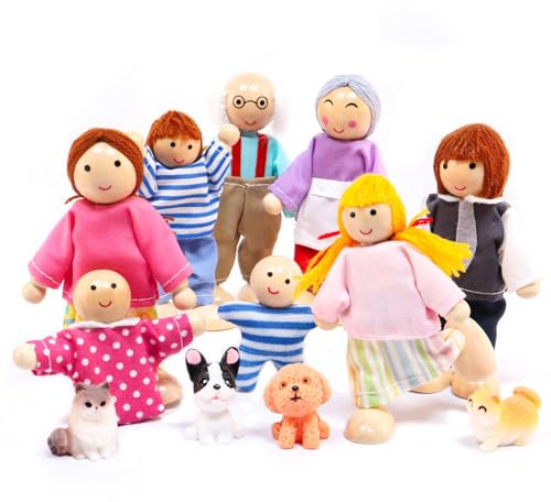 Homethrive Familia Casa de Muñecas Madera 13 Piezas Figuras de Casa de Muñecas con Gato y Perro Familia de Madera para Casa de Muñecas para Regalo de Casa de Muñecas