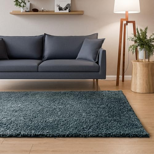 Interiyou Tapis Poils Longs Sofia - 80x150 Bleu - Moelleux et uni - Lavable et antidérapant - Fibres Douces pour Salon, Salle à Manger, Cuisine, Couloir