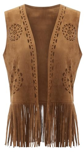 SANSIWU Dam tofs väst fuskmocka nitar ärmlös frans väst mode västerländsk 70-talet hippie jacka cardigan streetwear, B-01, M