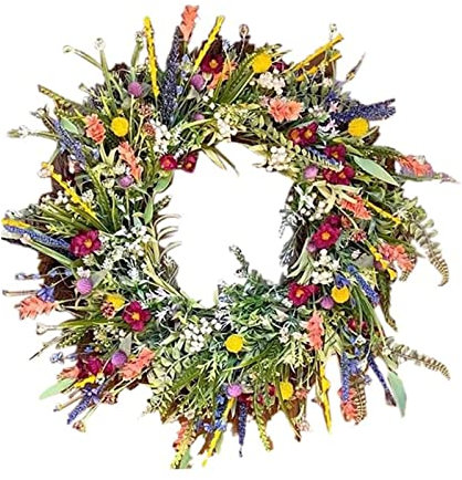 Spring Summer Door Wreath for Front Door, Artificial Wildflower Spring Wreath, Colorful Spring Summer Garland Door Wreaths for Spring, Easter Decoration (35cm)