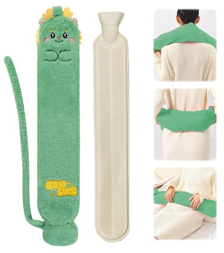 Lvjkes Bolsa Agua Caliente Larga, Bolsa de Agua Ccaliente, 1.5 Litros 72x12cm Bolsa de Agua Caliente de Felpa con Tapa,Extraíble Para Limpieza,Adecuado para cuello,abdomen y espalda (Verde/Dinosaurio)