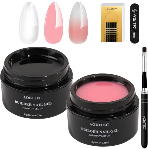 Kit Gel Ricostruzione Unghie Aokitec - Gel Trasparente Rosa non appiccicoso per ricostruzione unghie, con 100 forme per unghie e pennino per prolungamento e decorazioni intagliate riparazione unghie