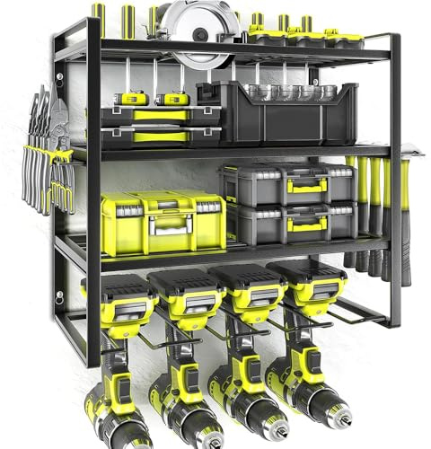 4 Tier Power Tool Organizer Storage Rack, Power Drill Tool Holder, Heavy Duty Tool Shelf, storing screwdrivers and pliers, Floating Tool Shelf for Garage,Home,Workshop Shed Pegboard Basement