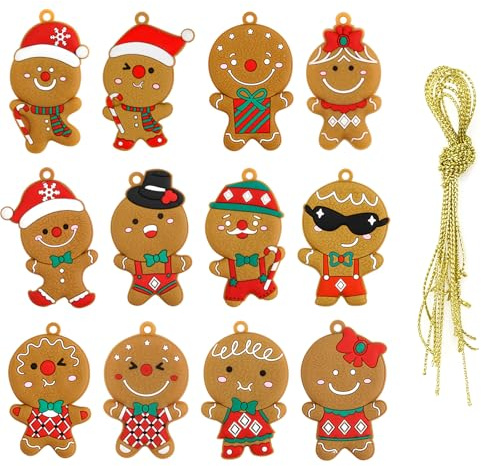 Leikedun 12 Pièces Bonhomme Pain d'Épice Décorations de Noël, Ornements pour Sapin avec Corde - Set de Bonhommes en Pain d'Épice pour Arbre de Noël, pour Cadeaux