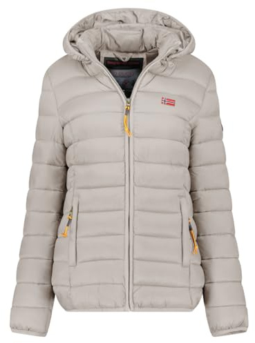 Geographical Norway Atikolor Hood - Chaqueta ligera para mujer con capucha - Chaqueta acolchada cálida mediada - Estilo urbano - Bolsillos con cremallera - insignia y bandera bordada - Corte femenino