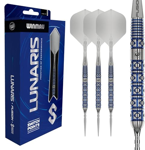 WINMAU Darts – Lunaris 90 % Tungsten Darts Set | Fusion Clear Short Shaft | Groove & Smooth Switch Point | Parallell 23 g/25 g, Avsmalnande 22 g/24 g blå och silvertunnor | Rapid-Change System