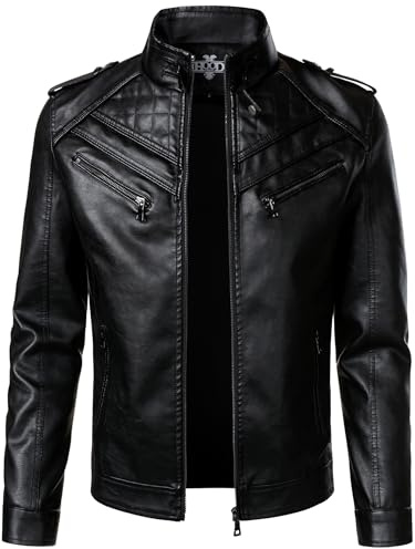HOOD CREW Men’s Faux Leather Jackets Vintage Biker Motorcycle Jacket for Men Black XL